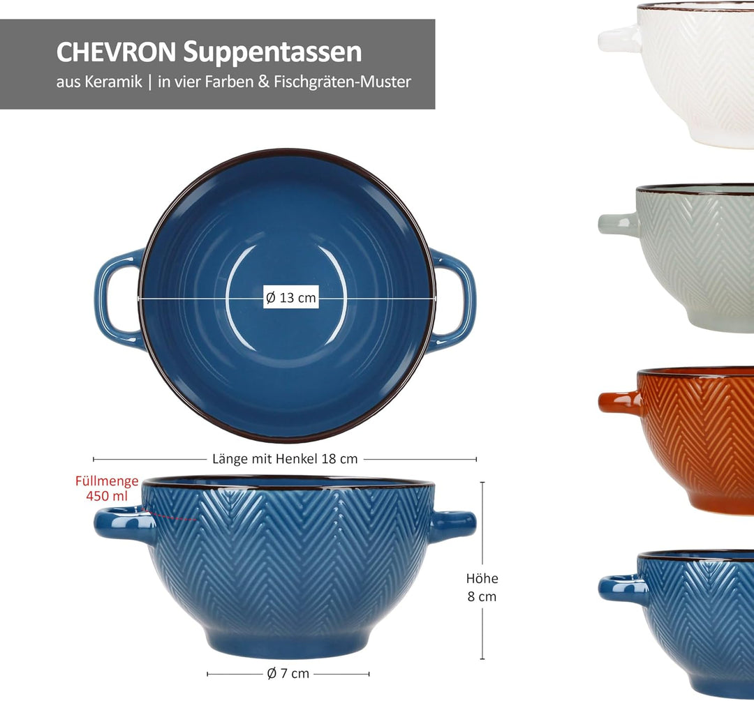 MamboCat 4er Set Chevron Suppentassen I 450ml, Ø13cm I 1x Blau, Braun, Olivgrün & Weiss mit braunem