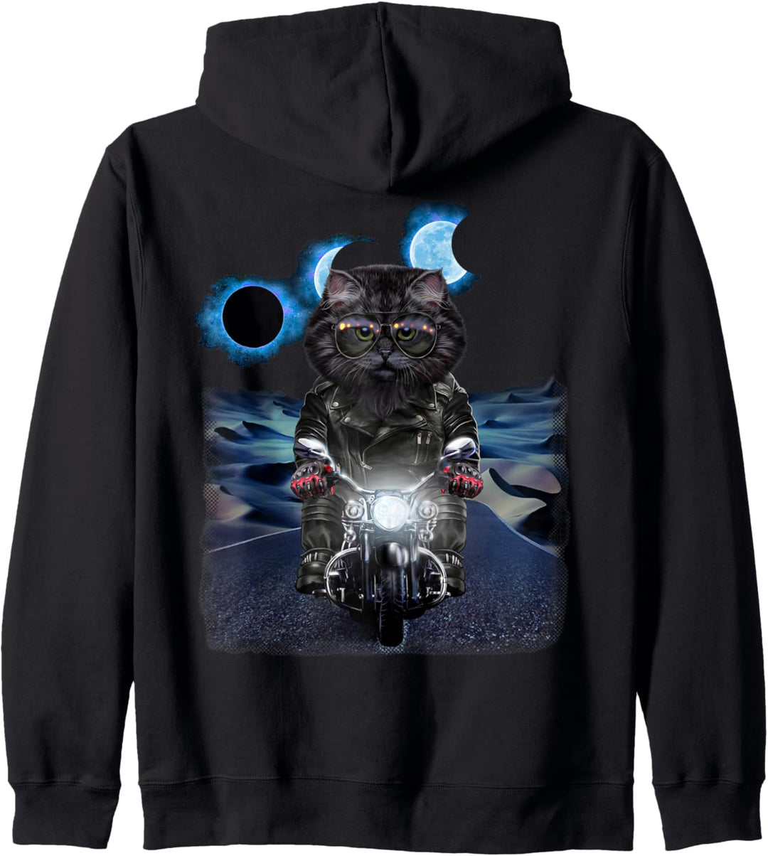 Tabby Katze auf Motorrad während Sonnenfinsternis Kapuzenjacke