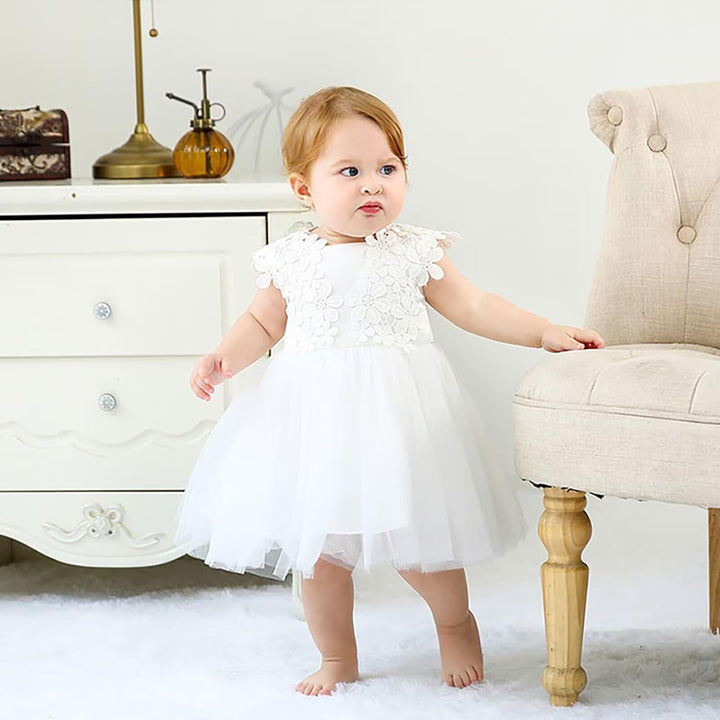 Baby Mädchen Weiss Taufkleid mit Haube Neugeborenen Taufe Kleid Spitzenkleid für Hochzeit Geburtstag
