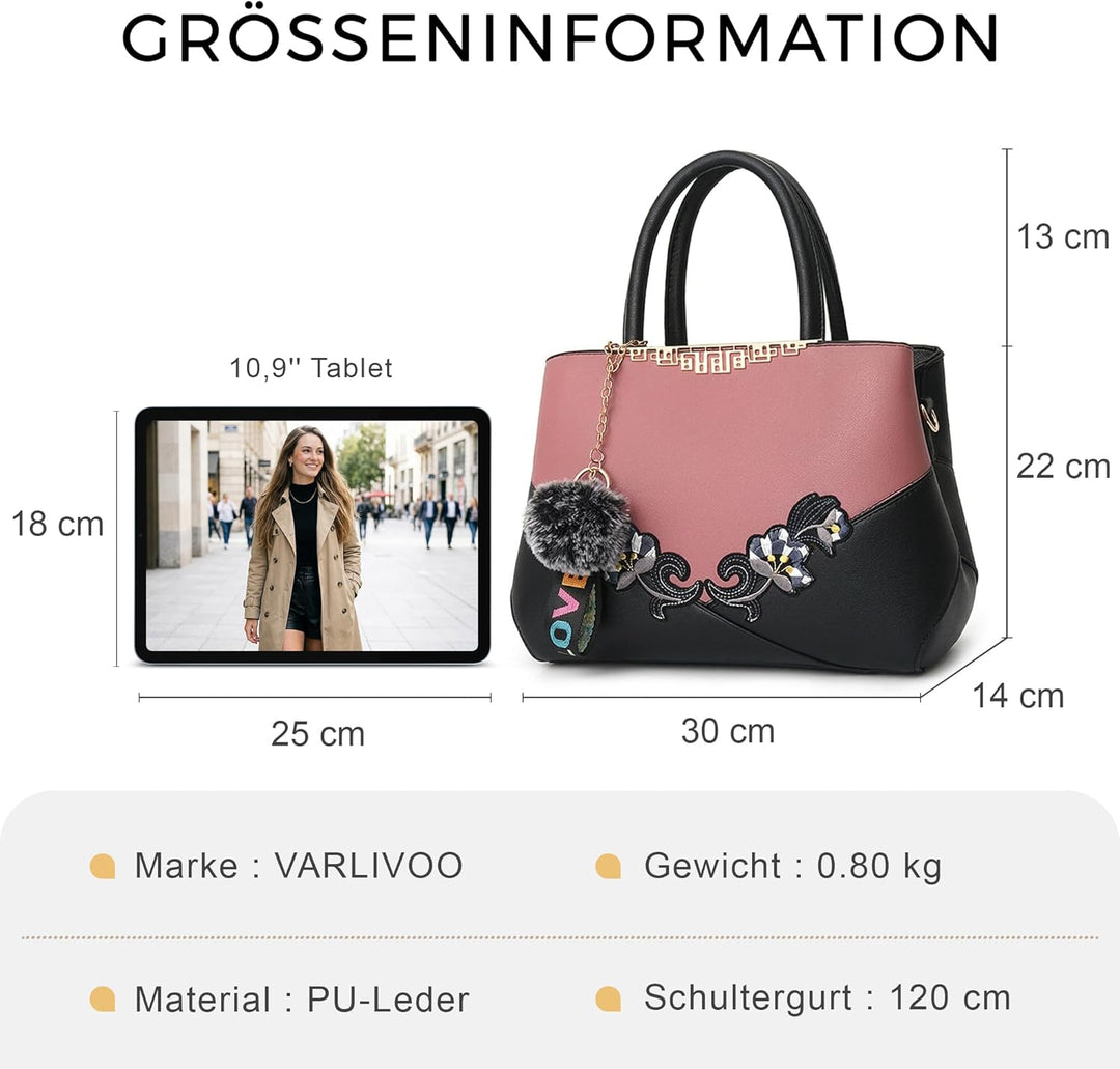 VARLIVOO Handtasche Damen Mittelgross Elegant Taschen mit Blumenstickerei Leader PU Henkeltasche Fra
