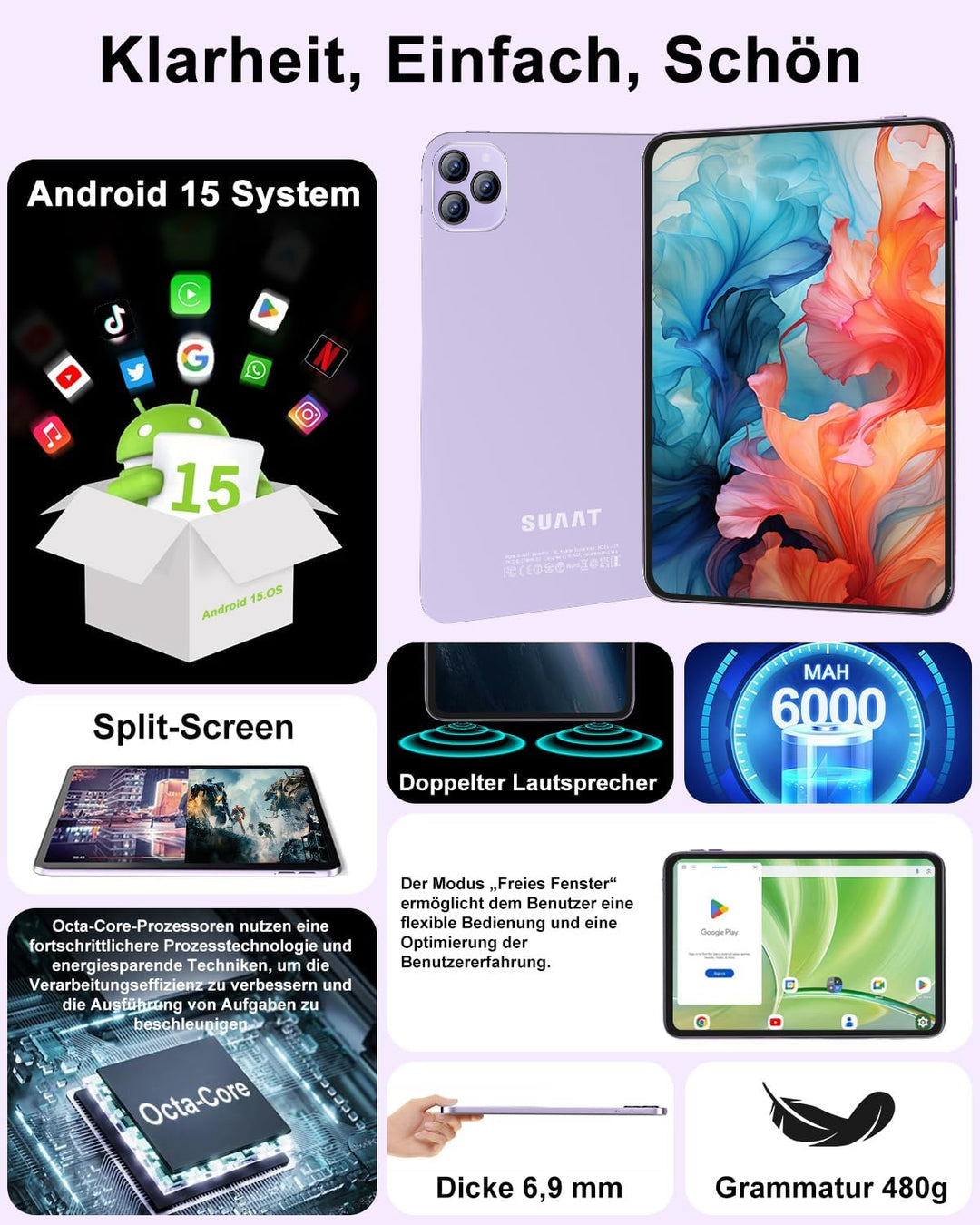 2026 Tablet 10 Zoll, Android 15, Octa-Core, 22 GB RAM + 128 GB ROM (2 TB TF) | WiFi 5G + 2,4G | GPS