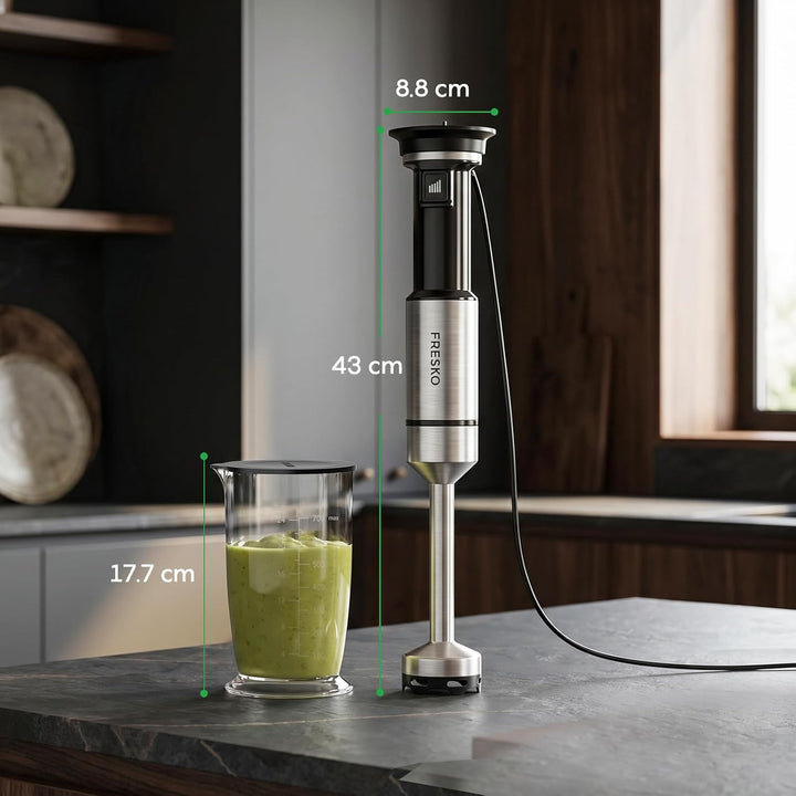 FRESKO Stabmixer 1000W, Pürierstab Edelstahl mit Schutzhülle für Kochgeschirr & 700 ml Messbecher, S