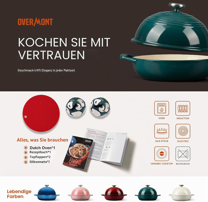 Overmont Gusseisen Topf Emaille Brotbacktopf - 5.7L Bräter Schmortopf mit Deckel und Kochbuch – für