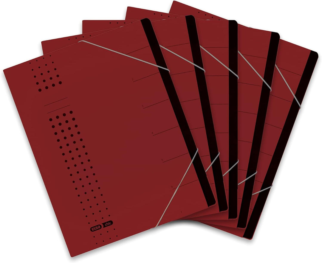 Elba Ordnungsmappe chic A4 aus Karton, 7 Fächer, bordeaux, 5 Stück, bordeaux