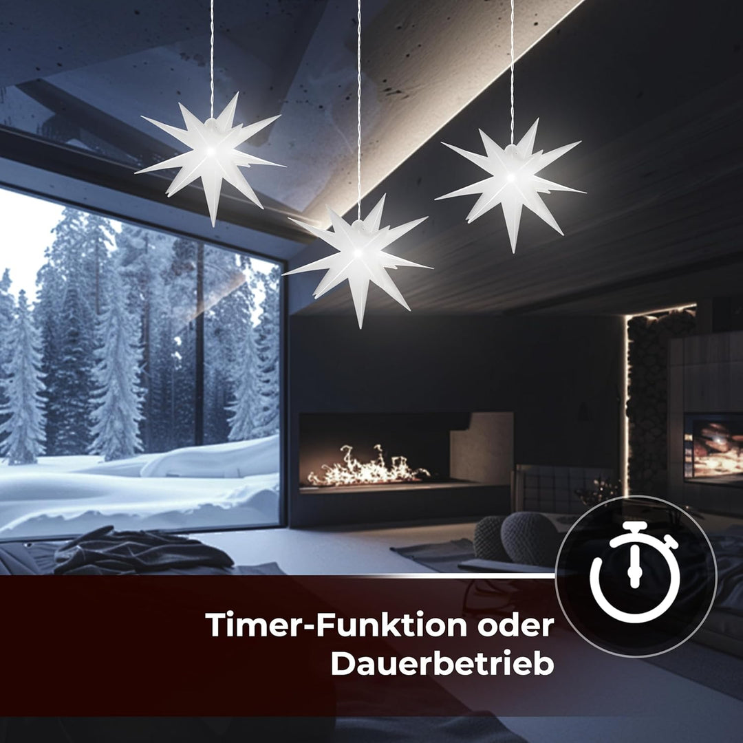 Leuchtstern 3D mit LED Beleuchtung | 3er Set | weiss | Ø 27 cm| 3D Stern mit 15 Spitzen | wetterfest