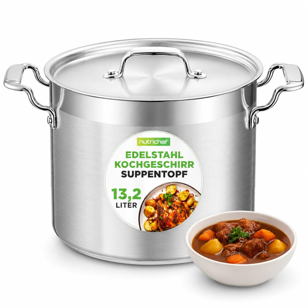 NutriChef Edelstahl Kochtopf 13,2L Induktion – Suppentopf mit Deckel, Profiqualität für Gastronomie