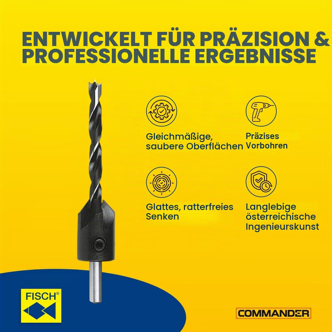 FISCH - Holzspiralbohrer + Aufsteckversenker Set 8-tlg. Ø 3-4-5-6 mm