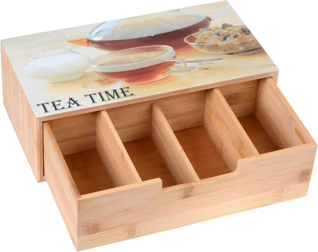 GRÄWE Teebox aus Bambus mit 4 Fächern, Teebeutelbox mit Schublade für aromageschützte Aufbewahrung v