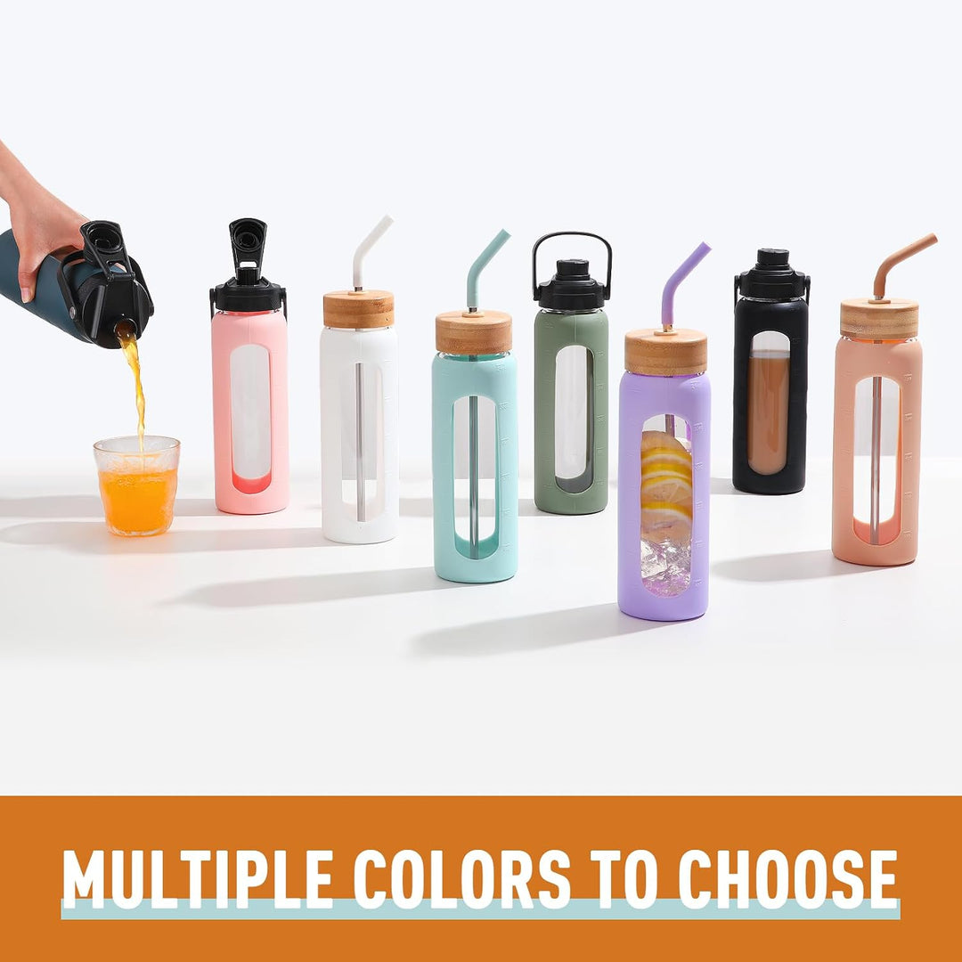 BLUEGO 700ml Glaswasserflasche mit Strohhalm und 2 Deckeln Kaffeetasse aus Glas mit Zeitmarkierung u