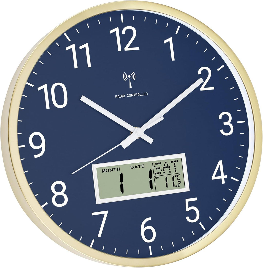 Foxtop Funk-Wanduhr Digital & Analog 30cm mit LCD-Anzeige – Digitale Funkuhr Wanduhr mit Temperatur,
