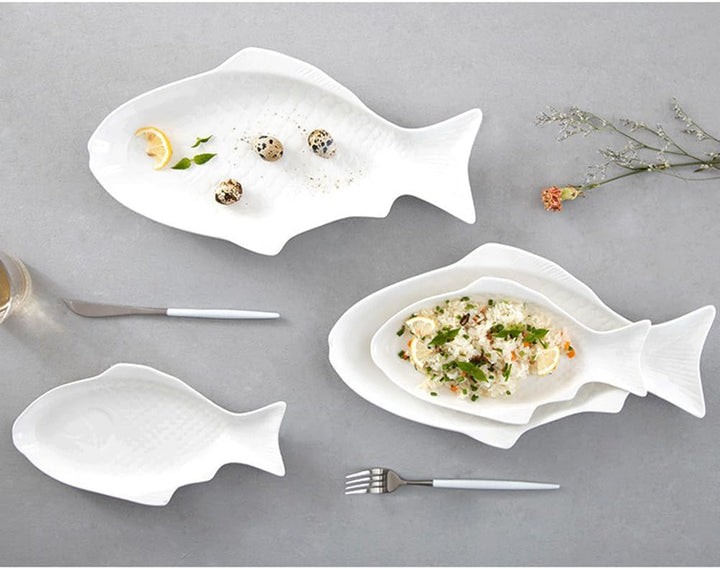 Cabilock Fischteller Keramik Fischplatte Porzellan Servierteller Fischform Lachsplatte Vorlegeplatte