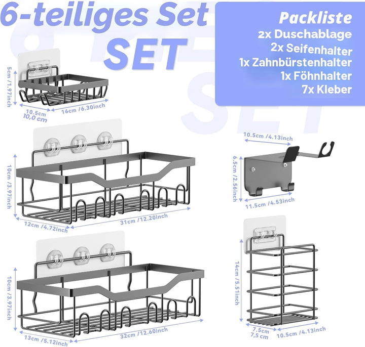 rigors Duschablage ohne Bohren, 6 Stück Badezimmer Regal mit Haartrocknerhalter und Haken, Duschrega