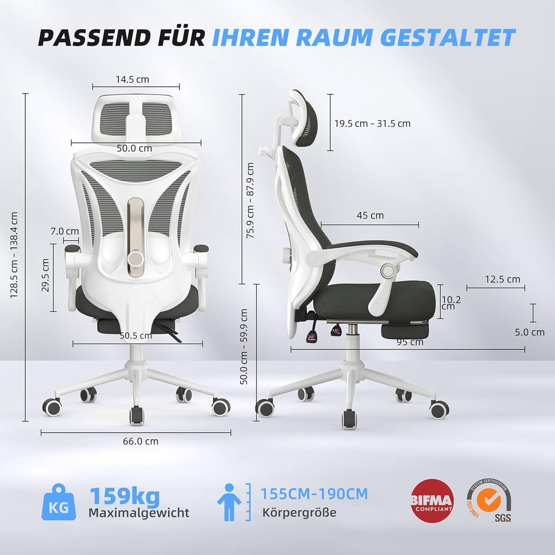 CYKOV Ergonomischer Bürostuhl mit Fussstütze, Büro Stuhl & Gaming Stuhl 150 kg+, 90-160° Verstellbar