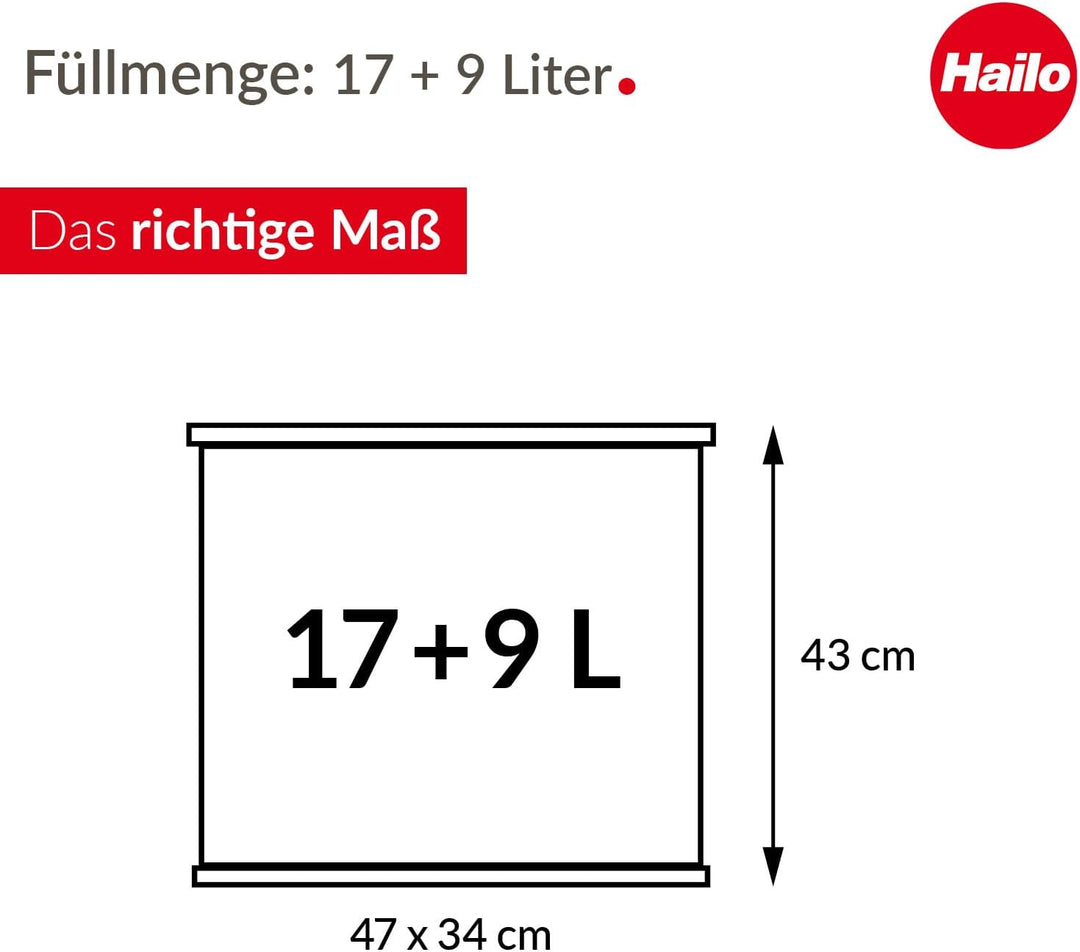 Hailo Öko duo Plus L Tret-Mülltrenner - freistehender 17+9 Liter Doppelmülleimer aus Stahlblech - Mü