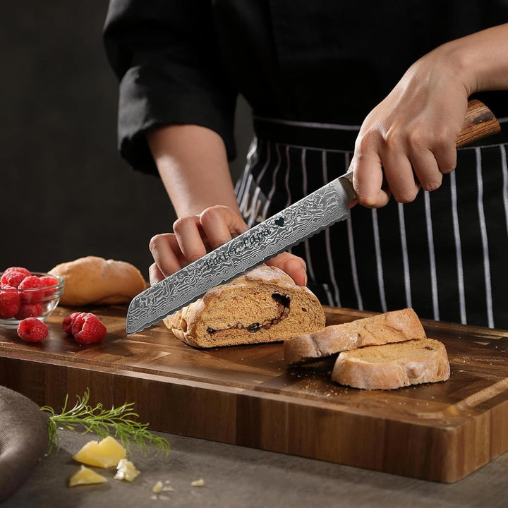 zayiko Minami Premium Brotmesser mit Gravur – Personalisiertes Damastmesser, 20cm Wellenschliff-Klin