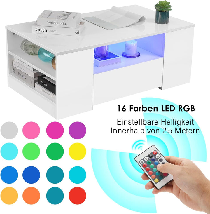 Couchtisch mit LED-Beleuchtung, Modern Sofatisch Wohnzimmertisch mit 2 Schublade, 100x55x37cm Weiss,