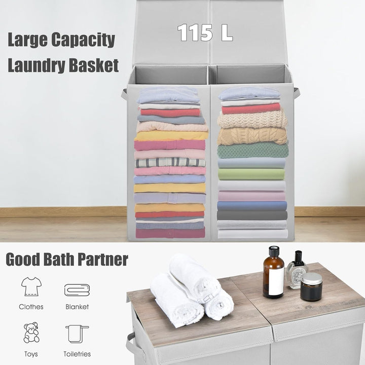 GIANTEX Wäschekorb 115 L mit 2 Fächern, Wäschesammler Wäschebox mit Deckel & Griff, Wäschesortierer