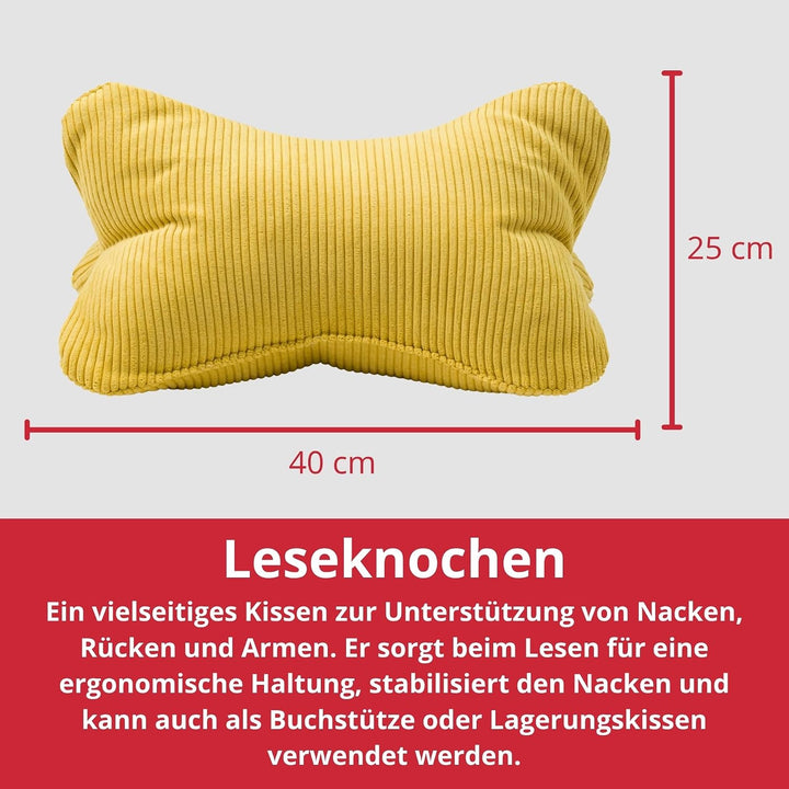 liebling Cord Lesekissen für Bett und Sofa, Bücherkissen, Lesehilfe, 40x25 cm, Leseknochen, Serie Ve
