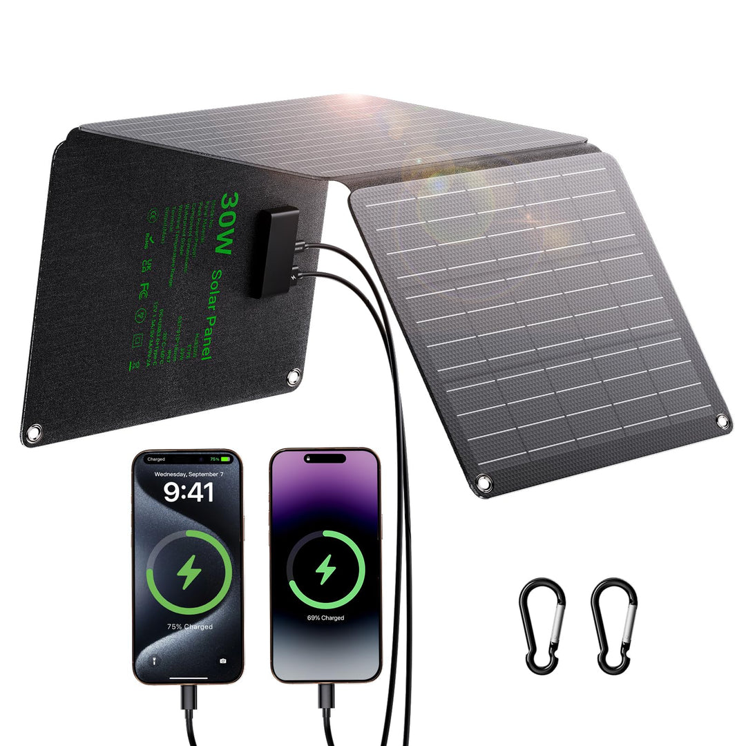 30W Solarpanel Faltbar, Tragbares Outdoor Solar Ladegerät IP67 Wasserdichtes mit 3 Anschlüsse (USB-C