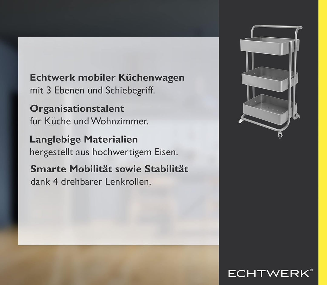 Echtwerk mobiler Servierwagen für Küche/ Bad/ Büro mit 3 Ebenen, Küchenrollwagen mit Schubladen, Wer