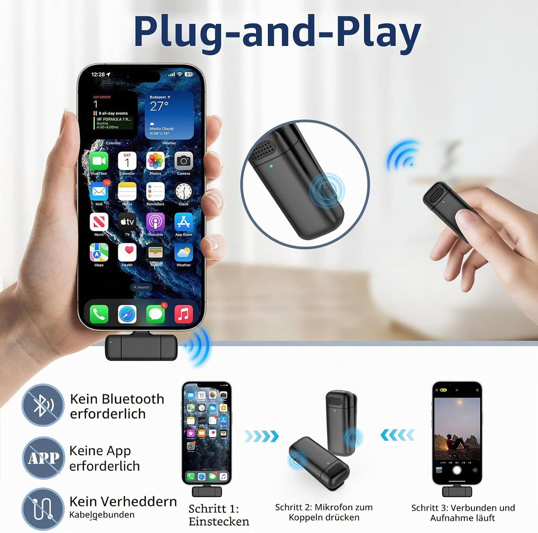 Kabelloses Mikrofon mit Ladehülle für iPhone, iPad, Android, USB-C Lavalier Mikrofon Rauschunterdrüc