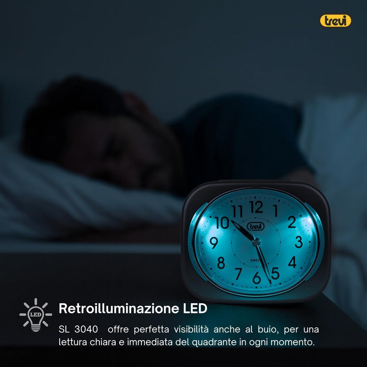 Trevi Retro Nachttisch/Reisewecker mit LED-Hintergrundbeleuchtung und leisem Sweep-Sekundenzeiger, K