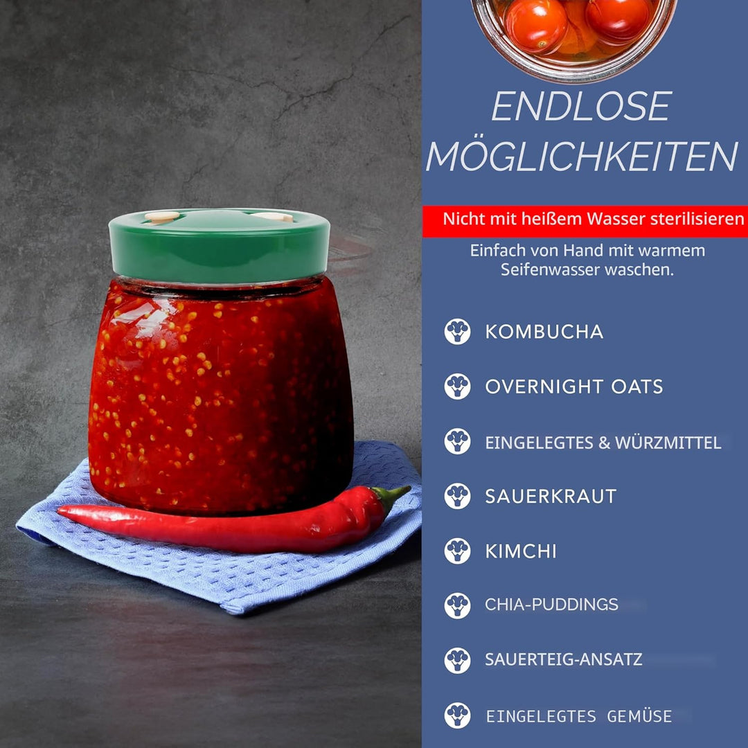 Gärglas mit Entlüftungsventil mit 1-Wege-Entlüftung - 1L 2er-Pack Lebensmittelecht Fermentierglas fü