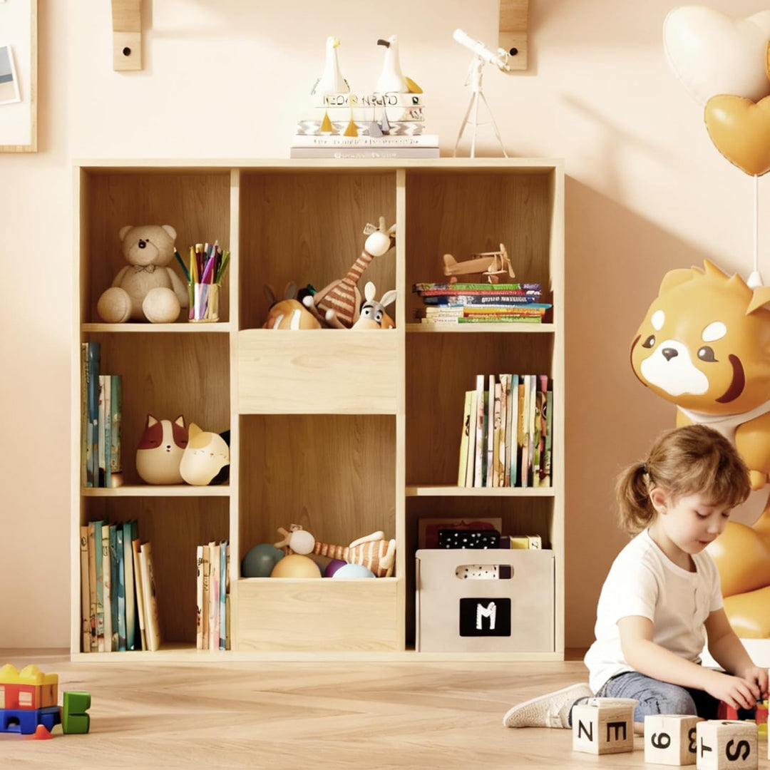 NACHES Bücherregal Kinder Bücher Aufbewahrung 90 x 30 x 90cm (Weiss) (Natur) | , Kinderregal mit 8 O