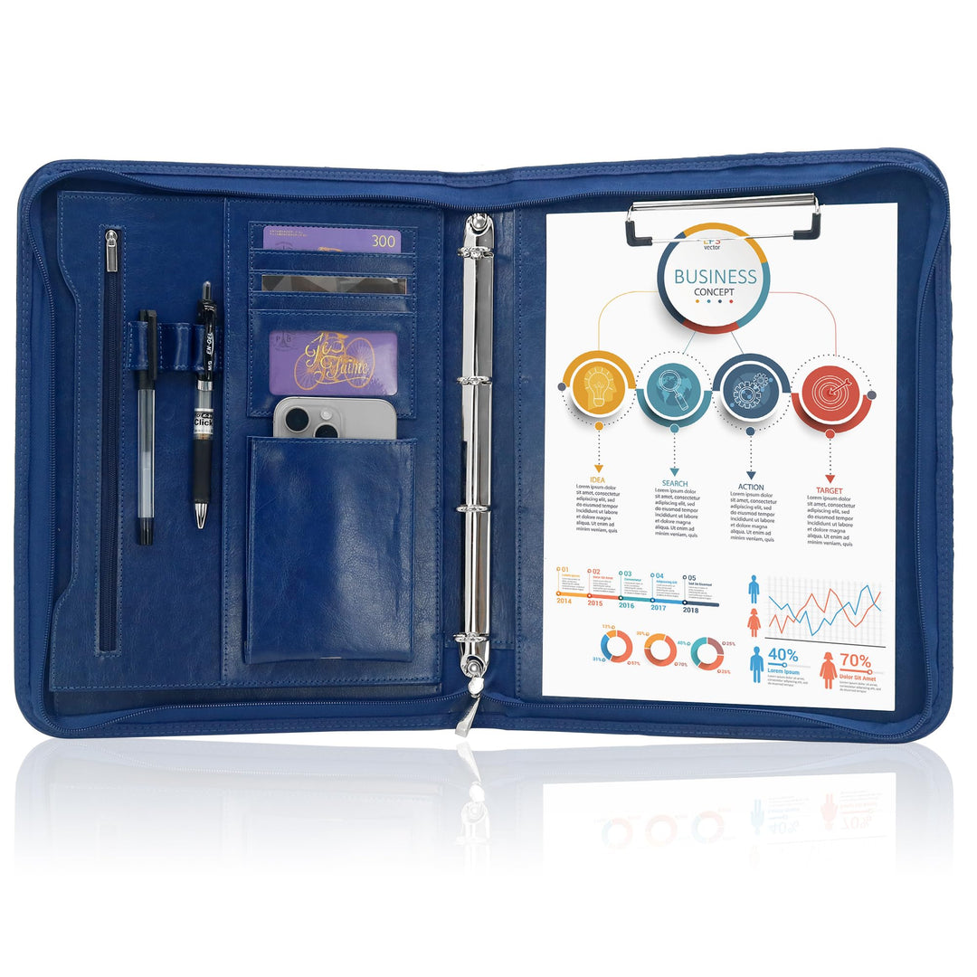 Schreibmappe 4 Ringbuch A4 Konferenzmappe Reissverschluss Leder Wasserdicht Organizer Mappe Dokument