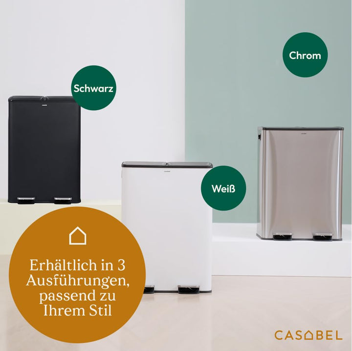 CASABEL Recycling-Mülleimer 60L - 2 x 30 Liter, Doppelfächer 2x30L, weisser Edelstahl, rechteckiger