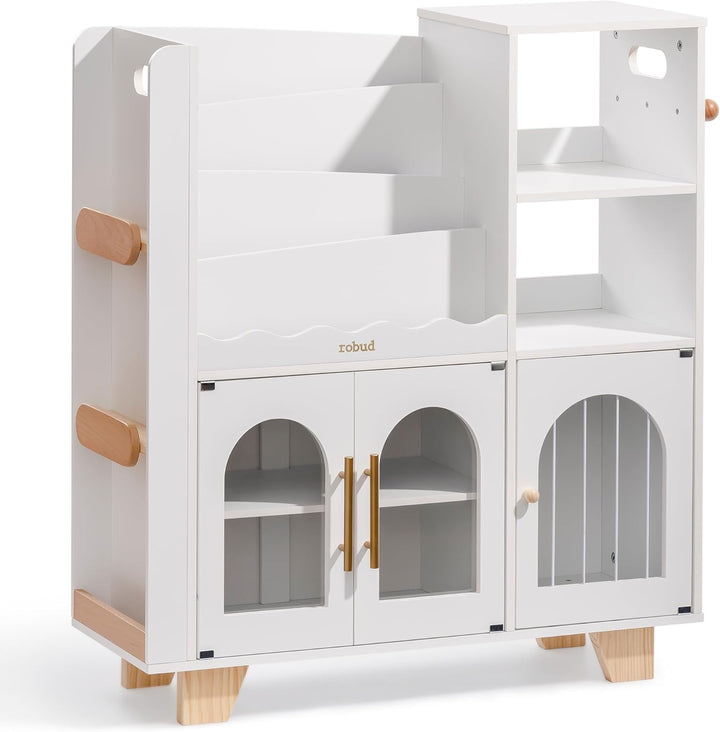ROBUD Kinder bücherregal Weiss, Holz Standregal,mehrstufig, mit Spielzeugaufbewahrungszone, Kindersc