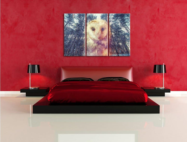 Pixxprint Portrait Einer Eule als Leinwandbild/Grösse: 3 Teilig (120x80) / Wandbild/Kunstdruck/ferti