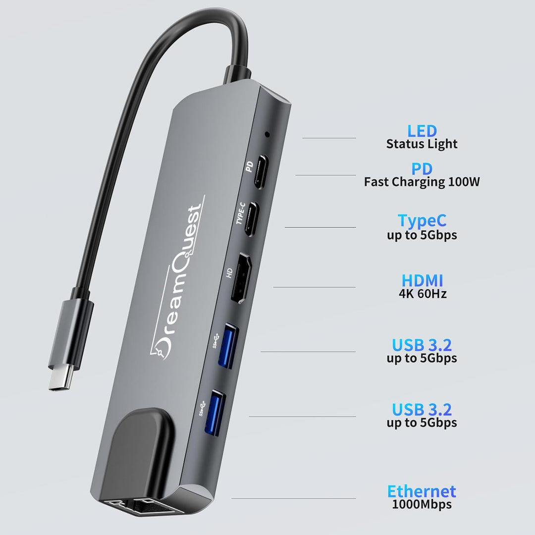 DreamQuest USB-C Hub 6-in-1 Docking Station mit 1000Mbps Netzwerkkarte,4K HDMI Port,PD 100W,USB 3.2