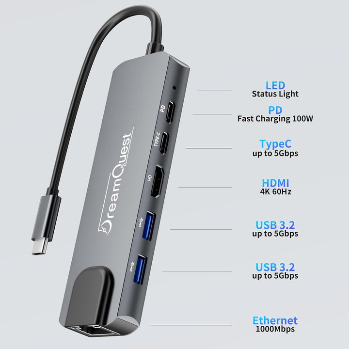 DreamQuest USB-C Hub 6-in-1 Docking Station mit 1000Mbps Netzwerkkarte,4K HDMI Port,PD 100W,USB 3.2