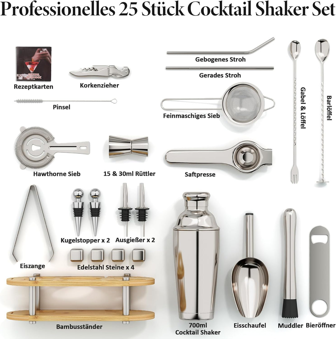 25 Stück Cocktail Shaker Set, 700ml Edelstahl Barkeeper Set mit Boston Shaker und Bar Zubehör, Mixol