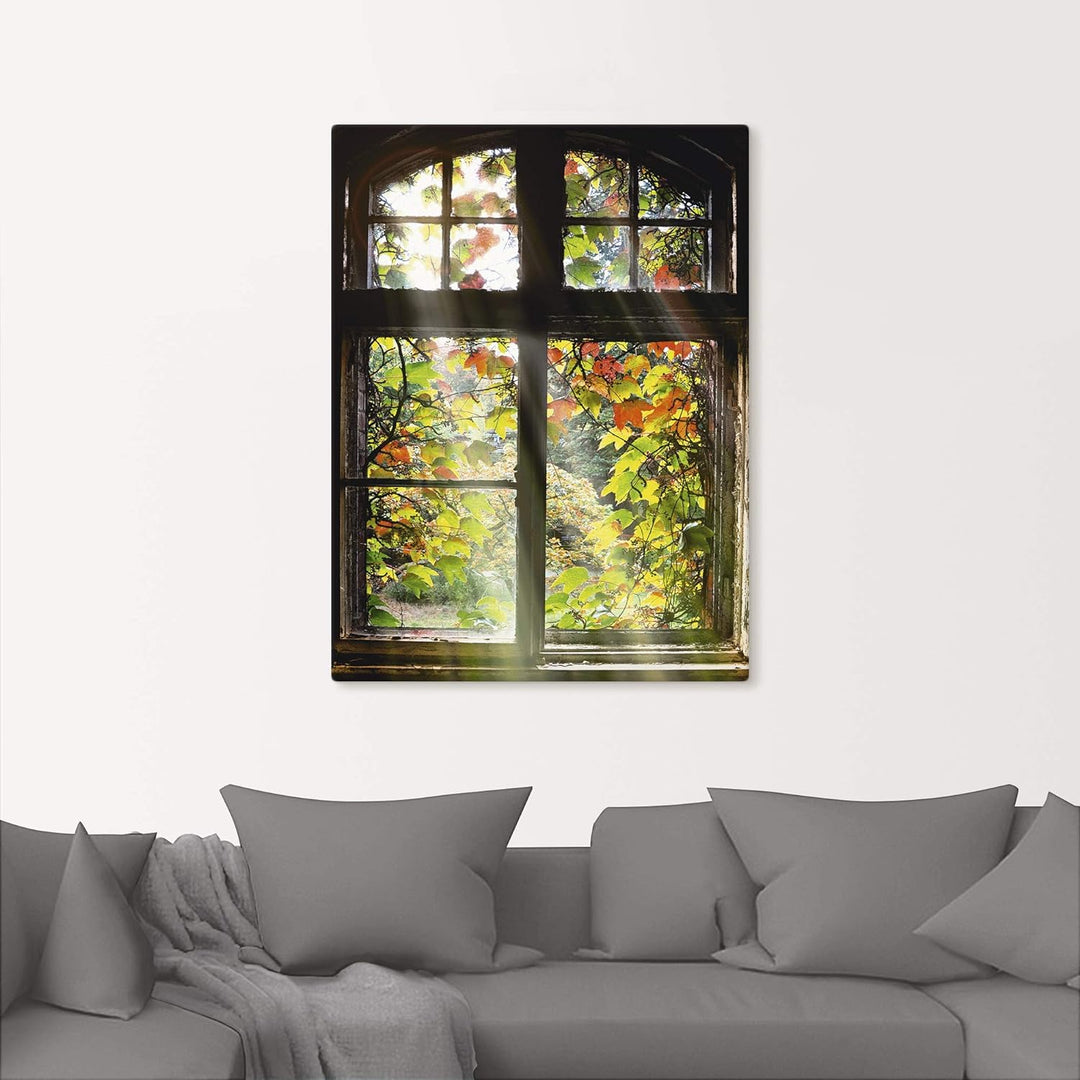 Artland Leinwandbild Wandbild Bild auf Leinwand 45x60 cm Wanddeko Fensterblick Fenster Herbst Natur
