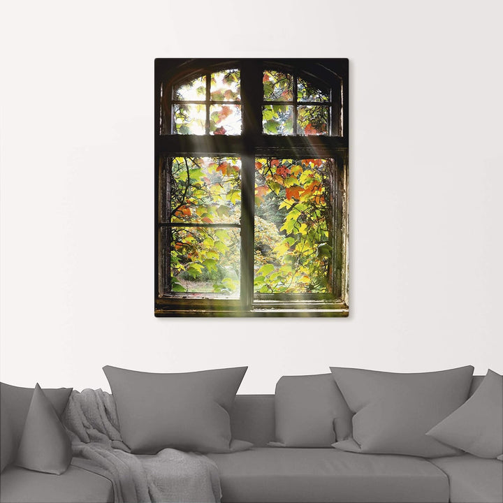 Artland Leinwandbild Wandbild Bild auf Leinwand 45x60 cm Wanddeko Fensterblick Fenster Herbst Natur