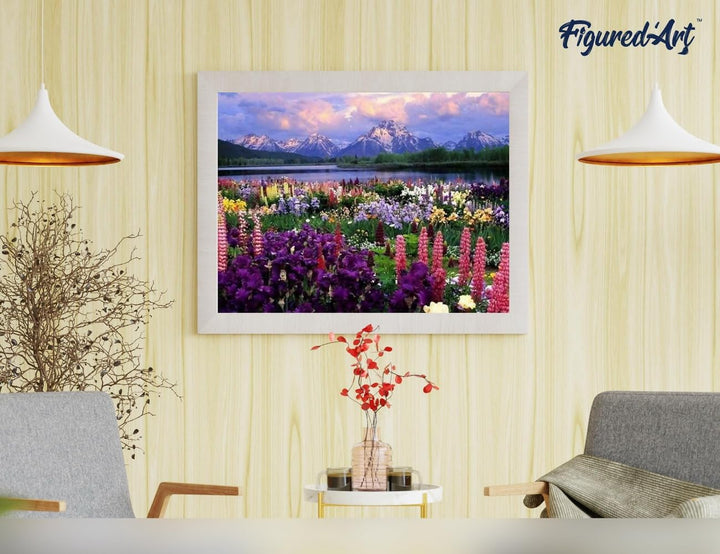 Figured'Art Malen Nach Zahlen Erwachsene Mit Rahmen Blumen und See am Fusse des Berges - Paint by Nu