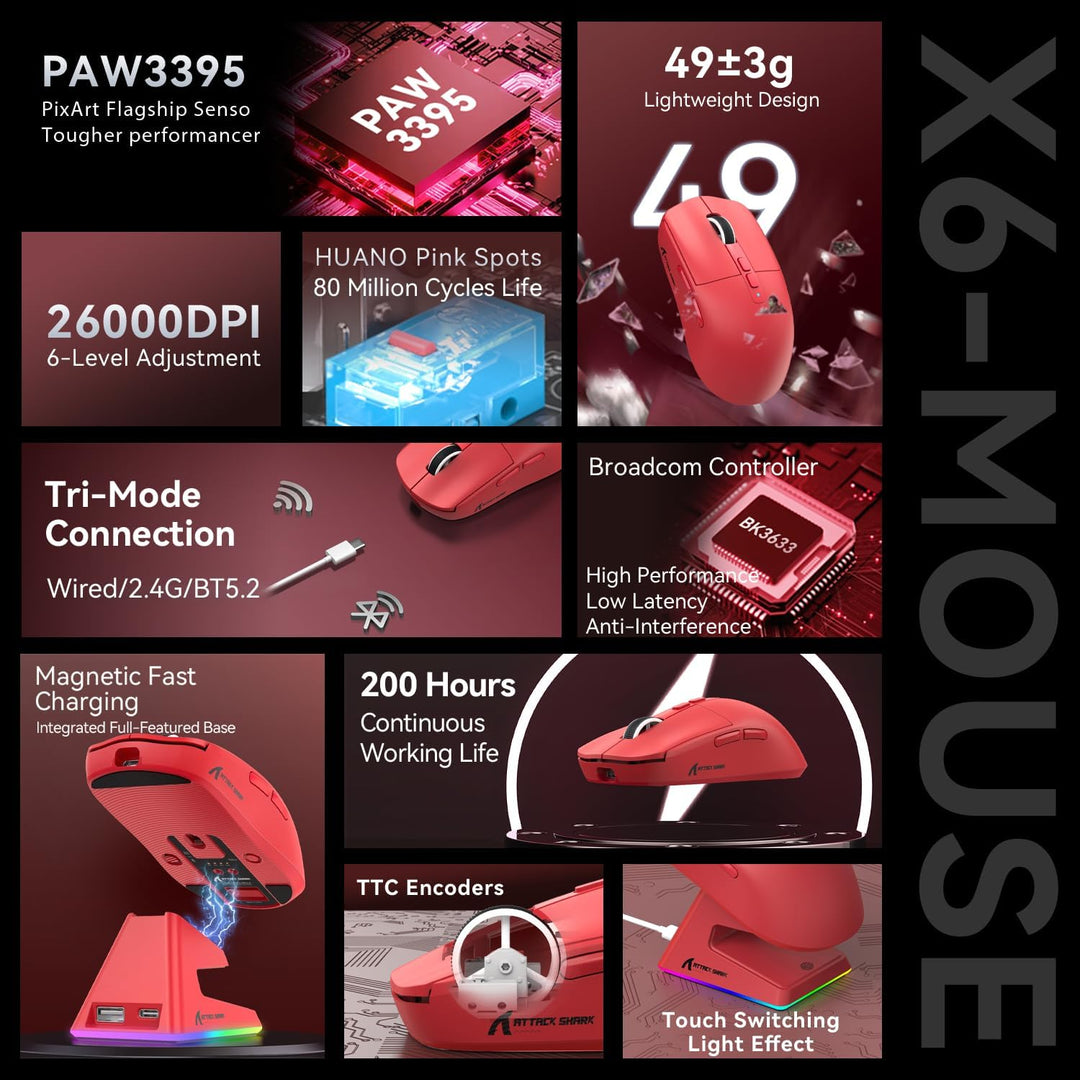 ATTACK SHARK X6 49g Superlight Mouse with Magnetic Charging Dock, PixArt PAW3395 Gaming Sensor, BT/2