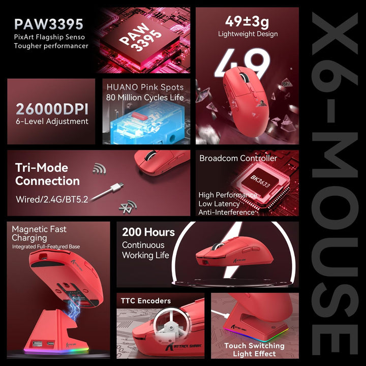ATTACK SHARK X6 49g Superlight Mouse with Magnetic Charging Dock, PixArt PAW3395 Gaming Sensor, BT/2
