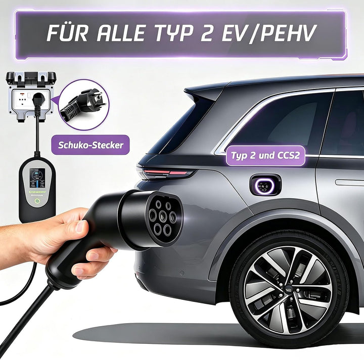 Ladekabel Elektroauto Typ 2 Schuko 10M【8-13A,1-phasig】 Tragbares EV Ladekabel Typ 2 Schuko Ladegerät
