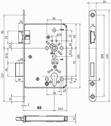 BKS Zimmer Türschloss Objektqualität 0515 Kl. III für Profilzylinder 65/72/8, Edelstahl Stulp: 20 x