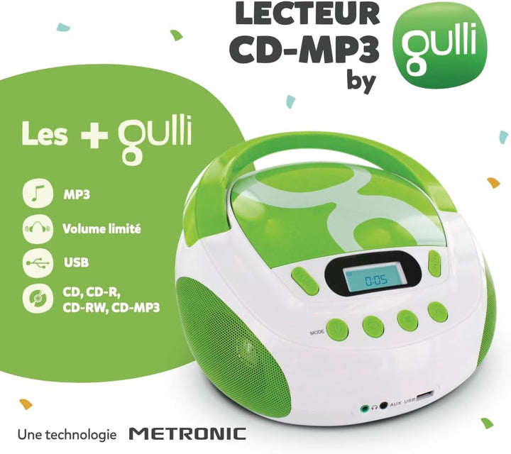 Metronic Gulli Radio/Tragbarer CD-/MP3-Player für Kinder, mit USB-Port Grün / Weiss, Grün / Weiss