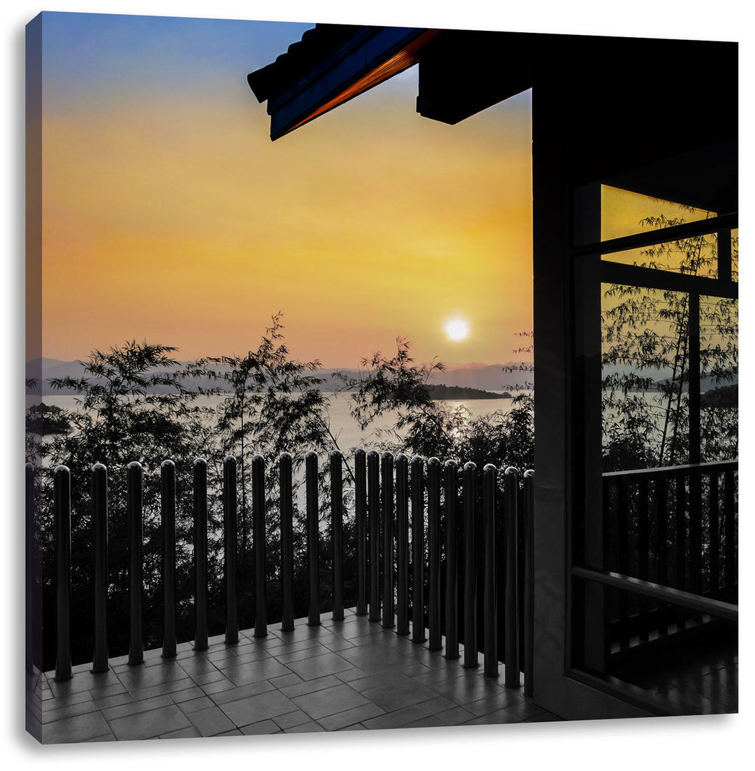 Pixxprint Aussicht auf Sonnenuntergang über See schwarz/weiss, Format: 70x70 auf Leinwand, 70x70