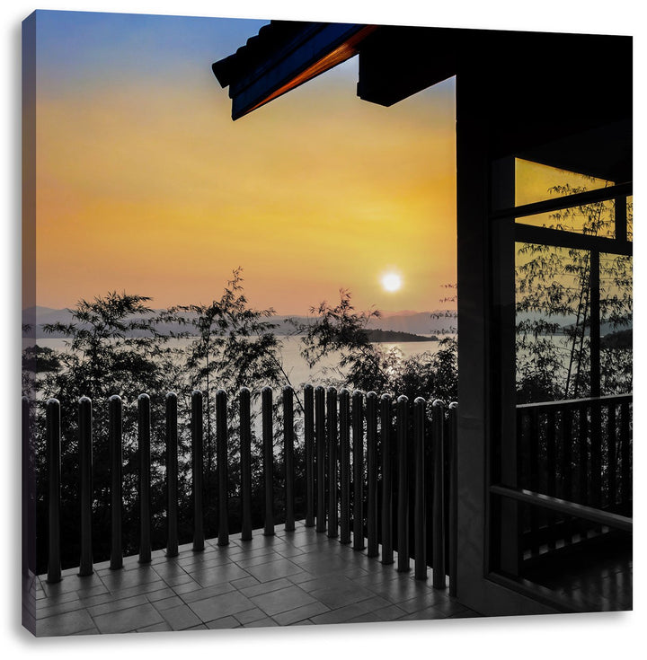 Pixxprint Aussicht auf Sonnenuntergang über See schwarz/weiss, Format: 70x70 auf Leinwand, 70x70