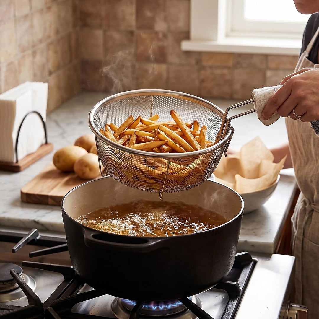 Frisierkorb mit Klappbarem Griff und Haken für die Pfanne - Runder Fritteusekorb - Edelstahl - 23 cm