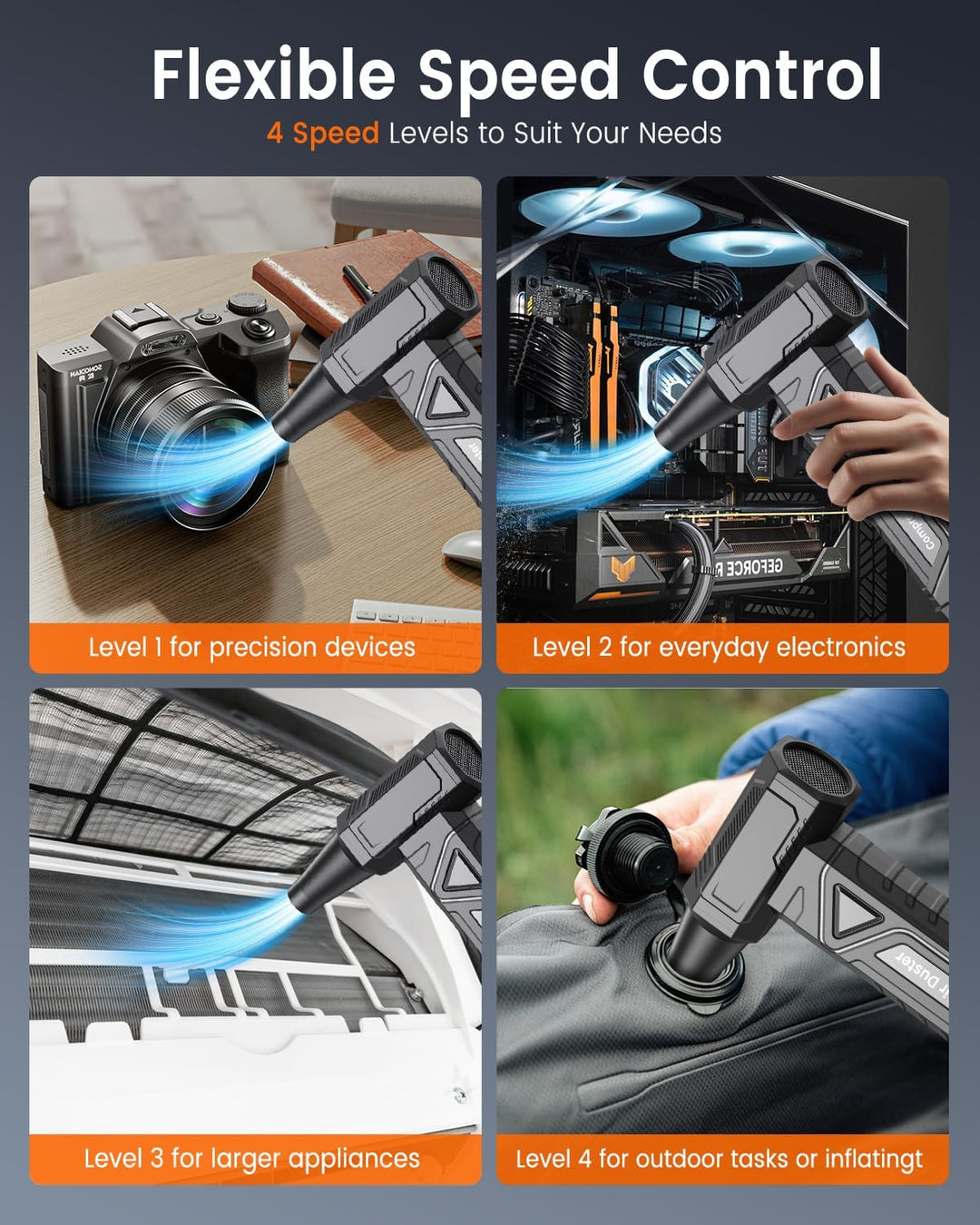 Elektrische Staubgebläse 200000 RPM - 4‑Stufen Air Duster Mini‑Gebläse mit Akku und LED‑Licht, Druck