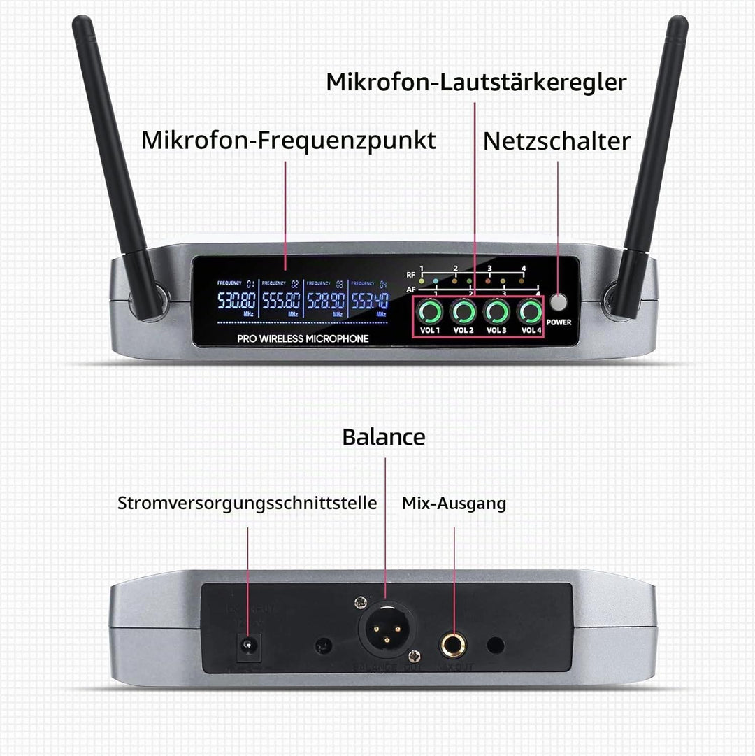 BOMGE Kabelloses Mikrofonsystem, Pro 4-K schnurloses Mikrofon-Set mit vier Handmikrofonen, Festfrequ