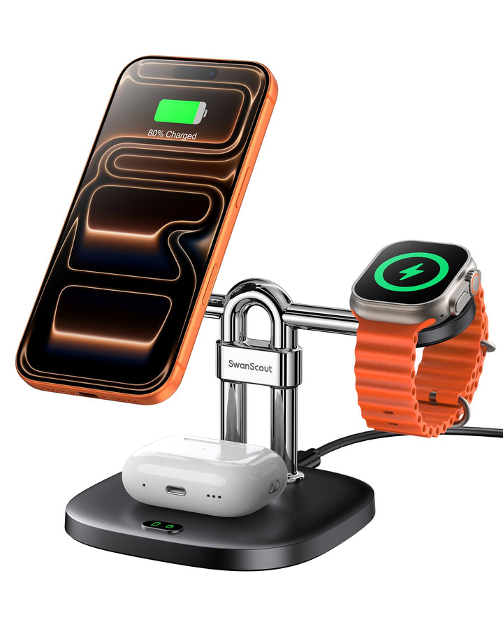 SwanScout Magnetische Ladegerät, 3 in 1 Induktive Ladestation für iPhone 17/Air/16/15/14/13/12, Wire