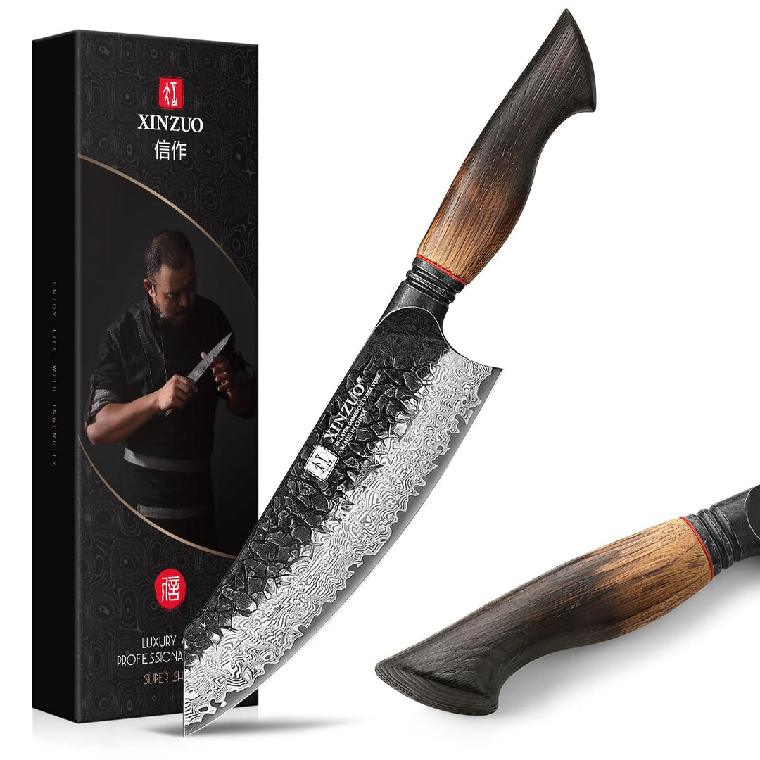 XINZUO Damaststahl 19,3cm Santokumesser -Hammerfinish Küchenmesser Scharfe Klinge Damastmesser -Prof